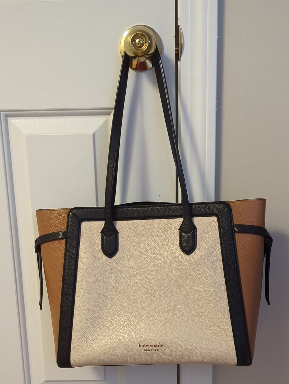 Kate Spade Two-Tone Leather Tote Bag in Cream, Black & Brown